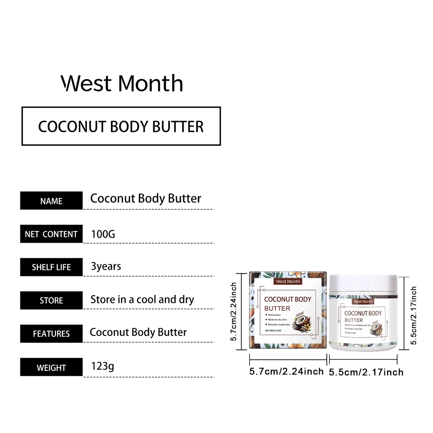 West&Month Coconut Body Butter Cream Nourishing Moisturizer
