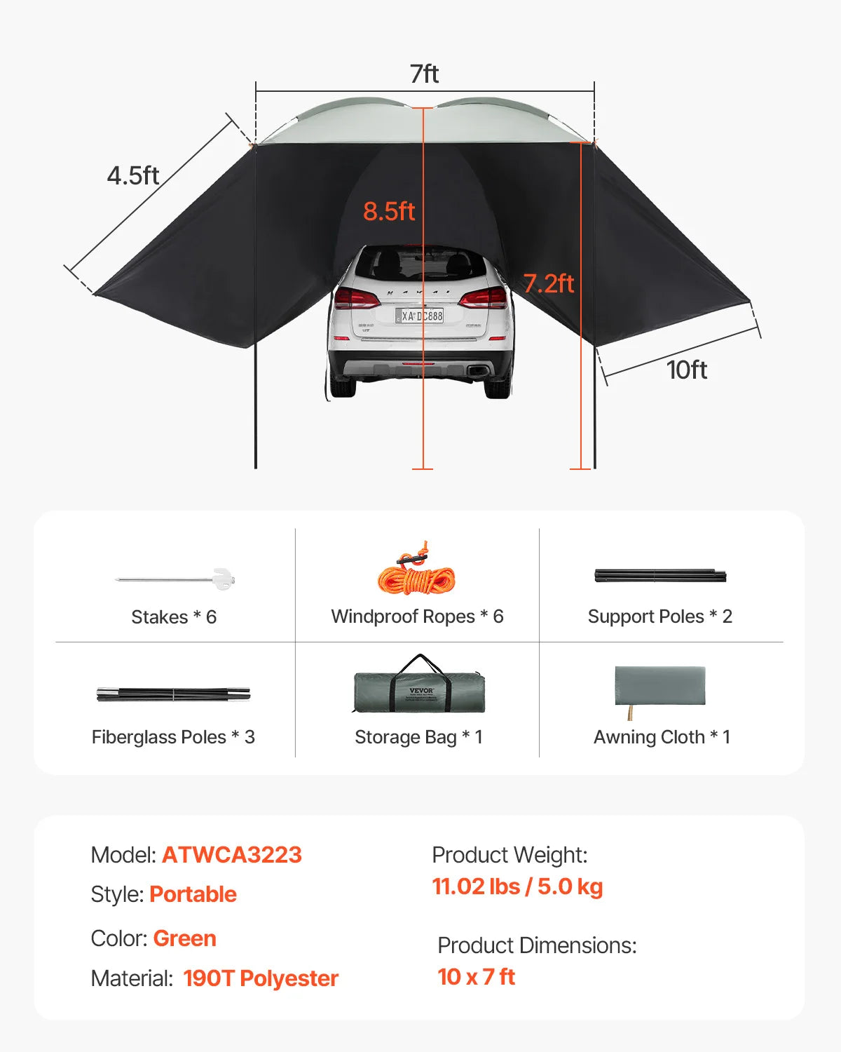 SucceBuy Vehicle Awning Retractable Car Side Shelter For Campers