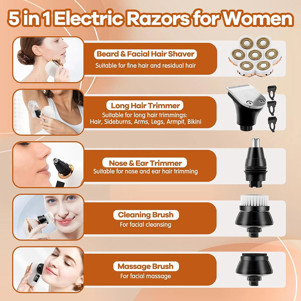 Electric Razor For Women 7D Floating Blades 5-In-1 Bikini Trimmer