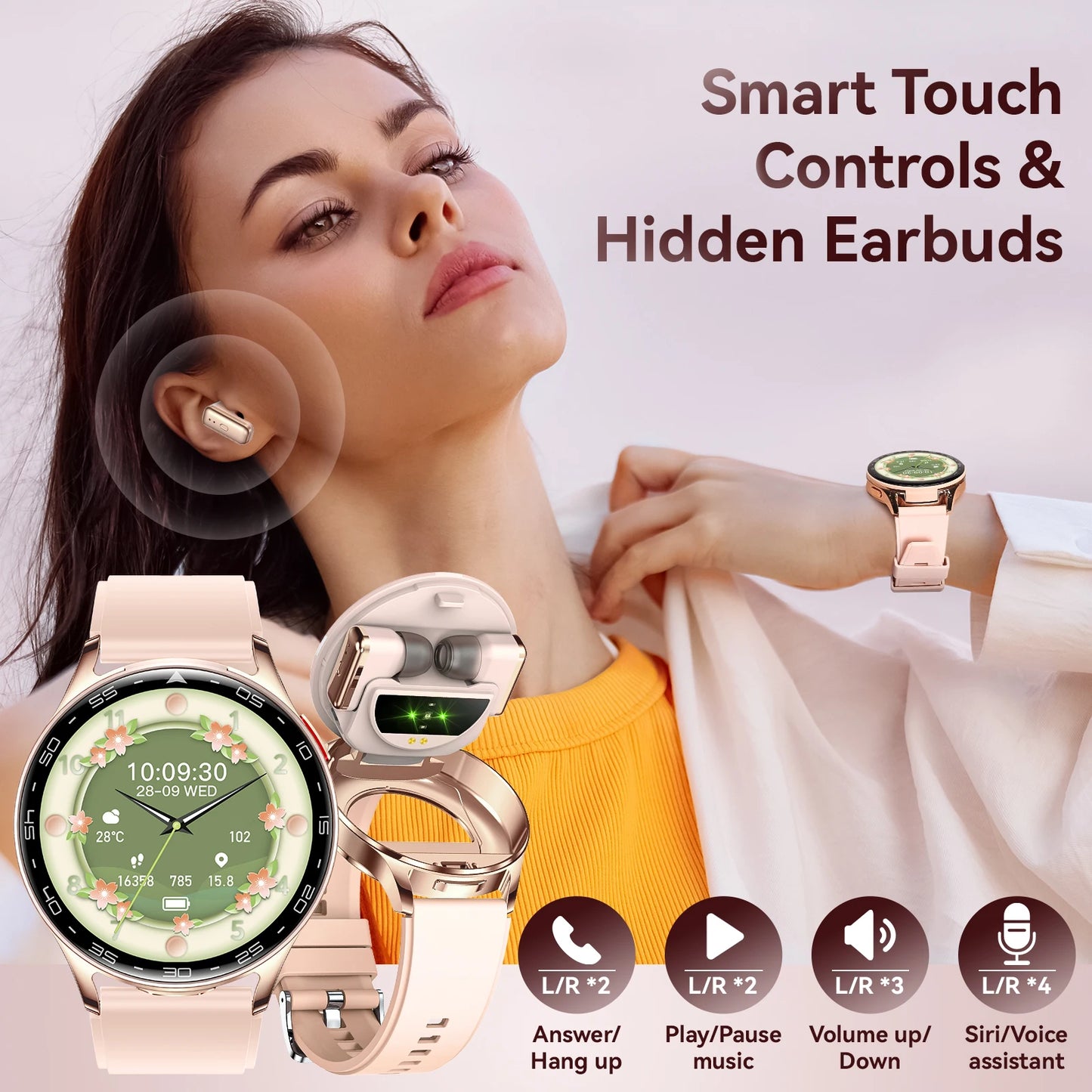 EIGIIIS Smart Watch With Earbuds Bluetooth Fitness Heart Rate Tracker