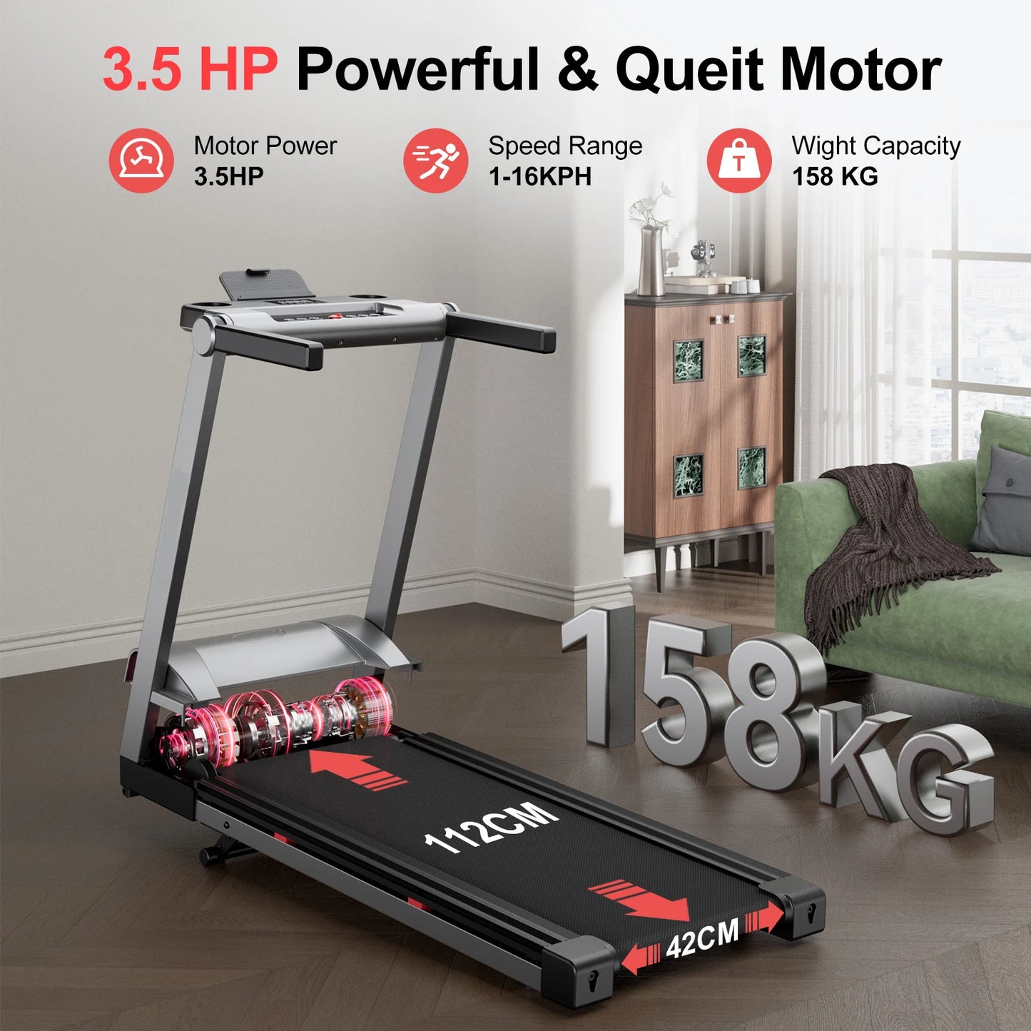 Superun 3.5HP Foldable Incline Treadmill With Touch Screen App