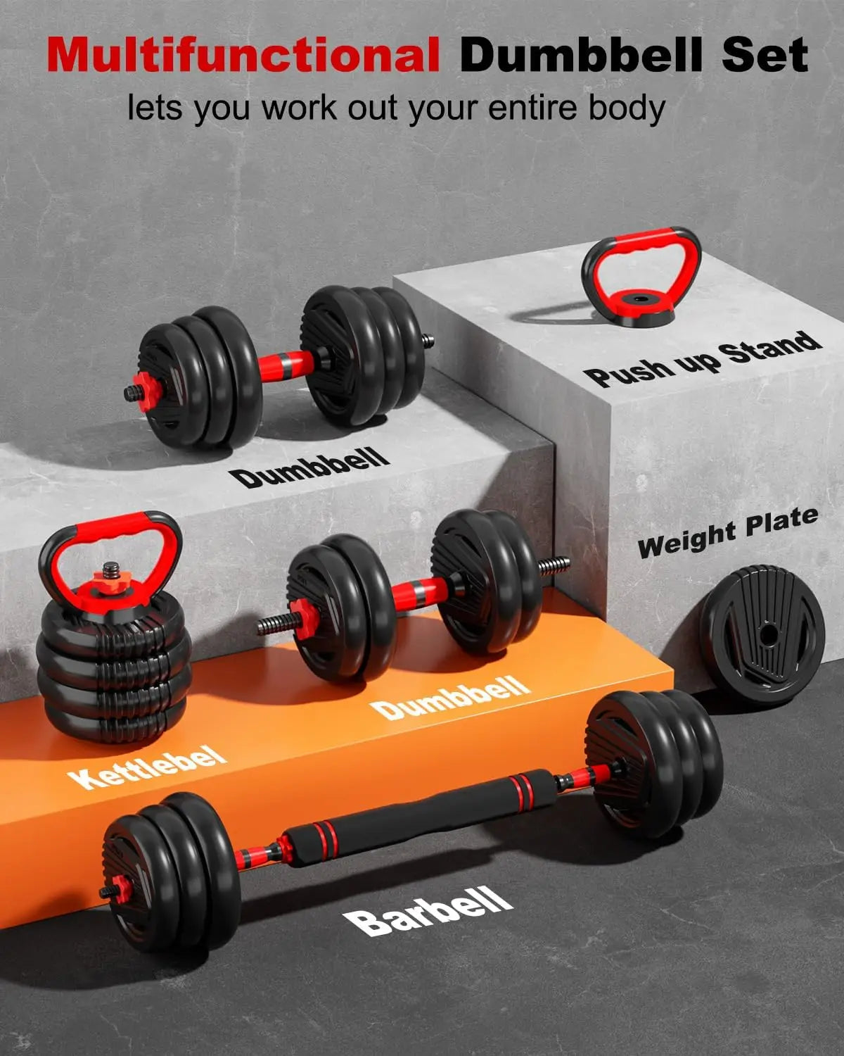 Adjustable 5 in 1 Dumbbell Set 20-90lbs for Home Gym