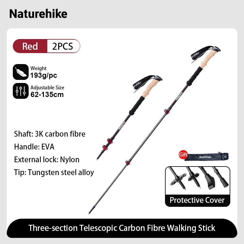 Naturehike Carbon Fiber Trekking Poles 2 Pack Telescopic Sticks