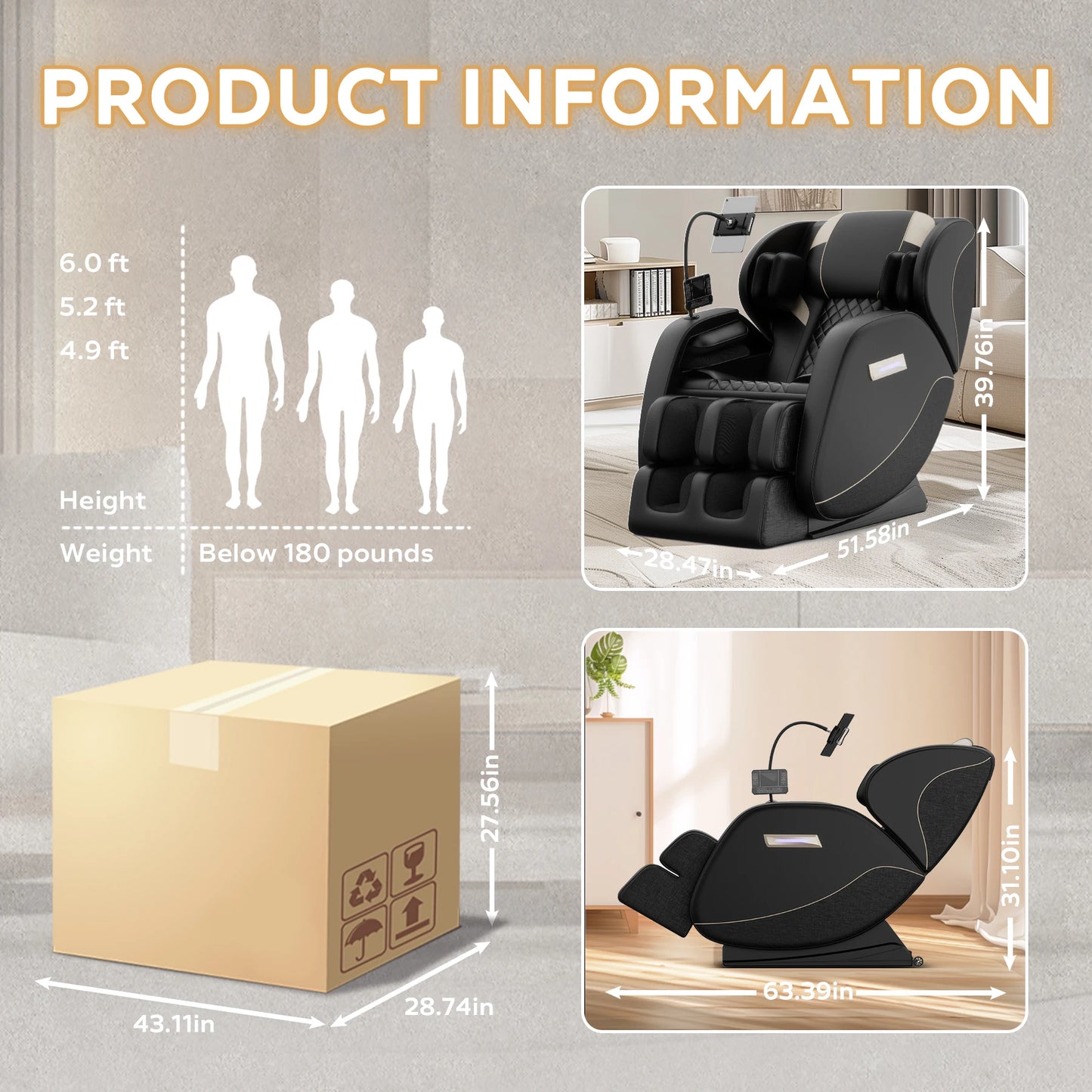 BILITOK Zero Gravity Full Body Massage Chair With Heating Airbags Touch Screen