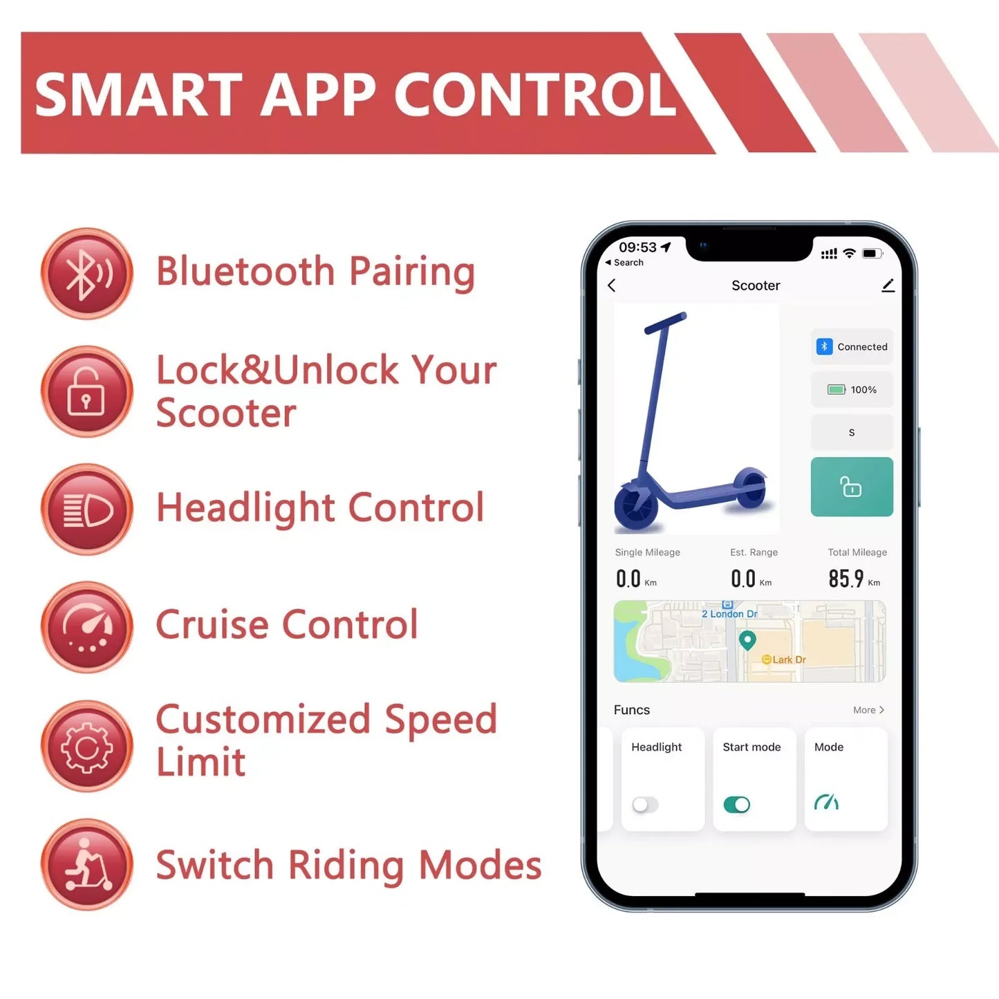Ladped Electric Scooter 350W 19MPH With App Control