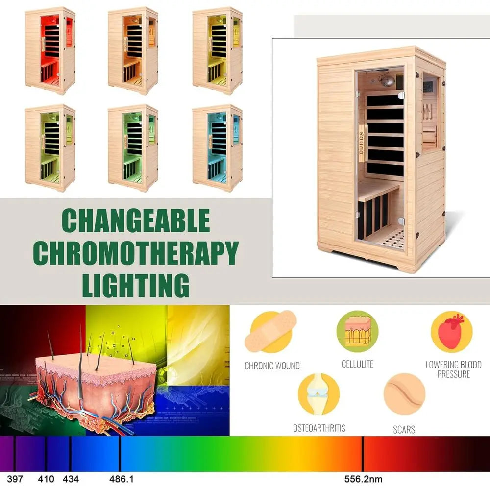 1 Person Infrared Sauna 1050W Heating Bluetooth Chromotherapy Oxygen Ionizer