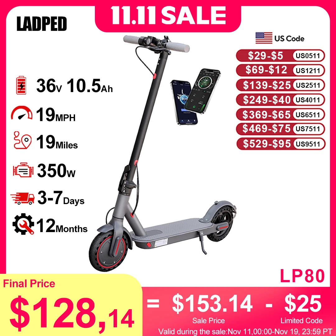 Ladped Electric Scooter 350W 19MPH With App Control