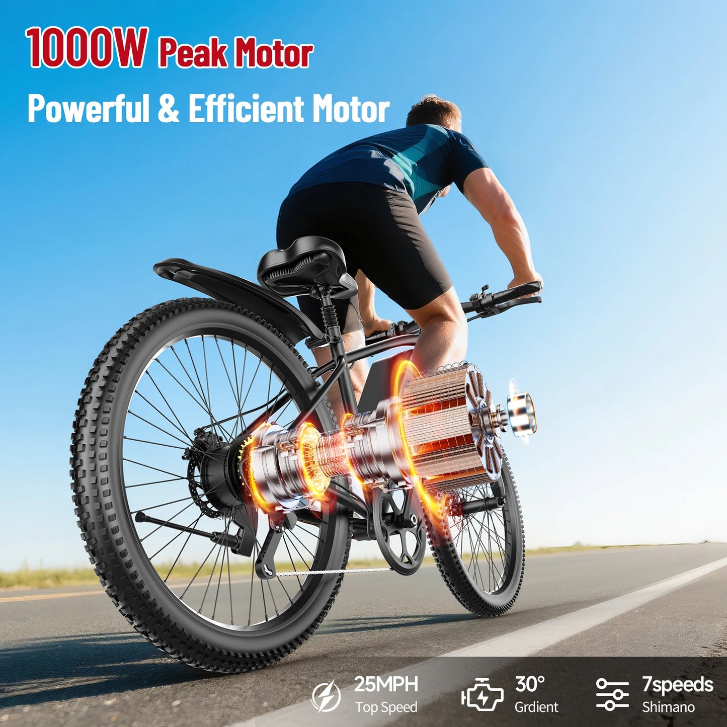X-koala Electric Bike 1000W Peak Motor 25MPH 7 Speed