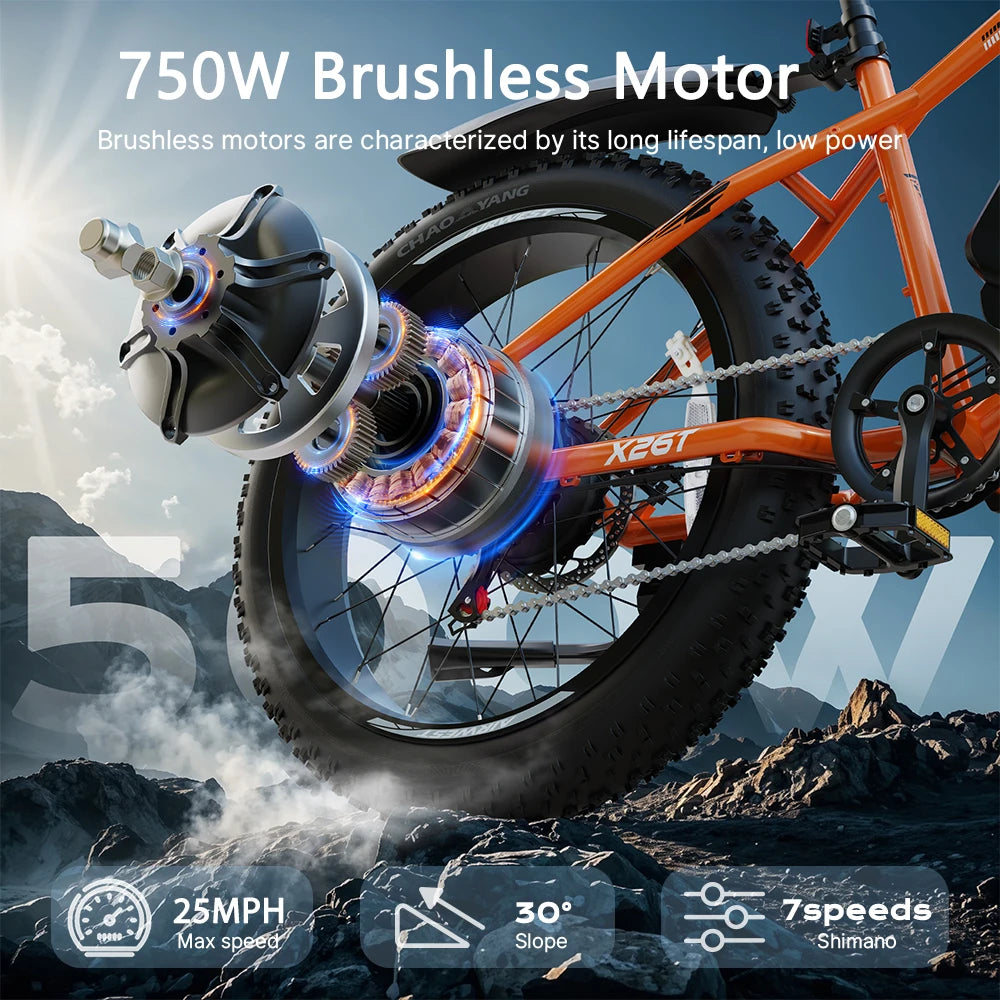 NONEM X26T Fat Tire Electric Mountain Bike 750W Peak 48V