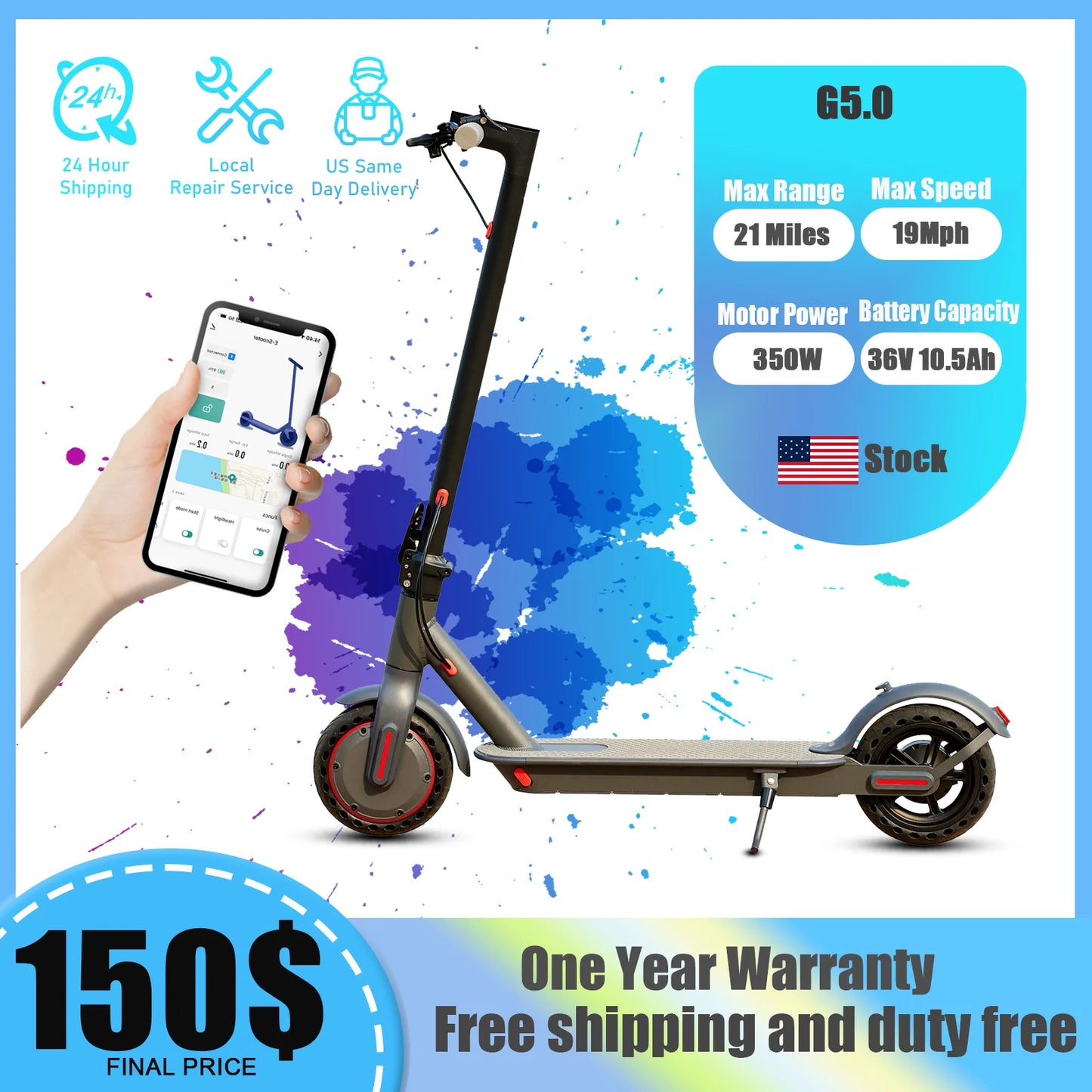 G5.0 Electric Scooter Foldable 36V 21 Mile Long Range